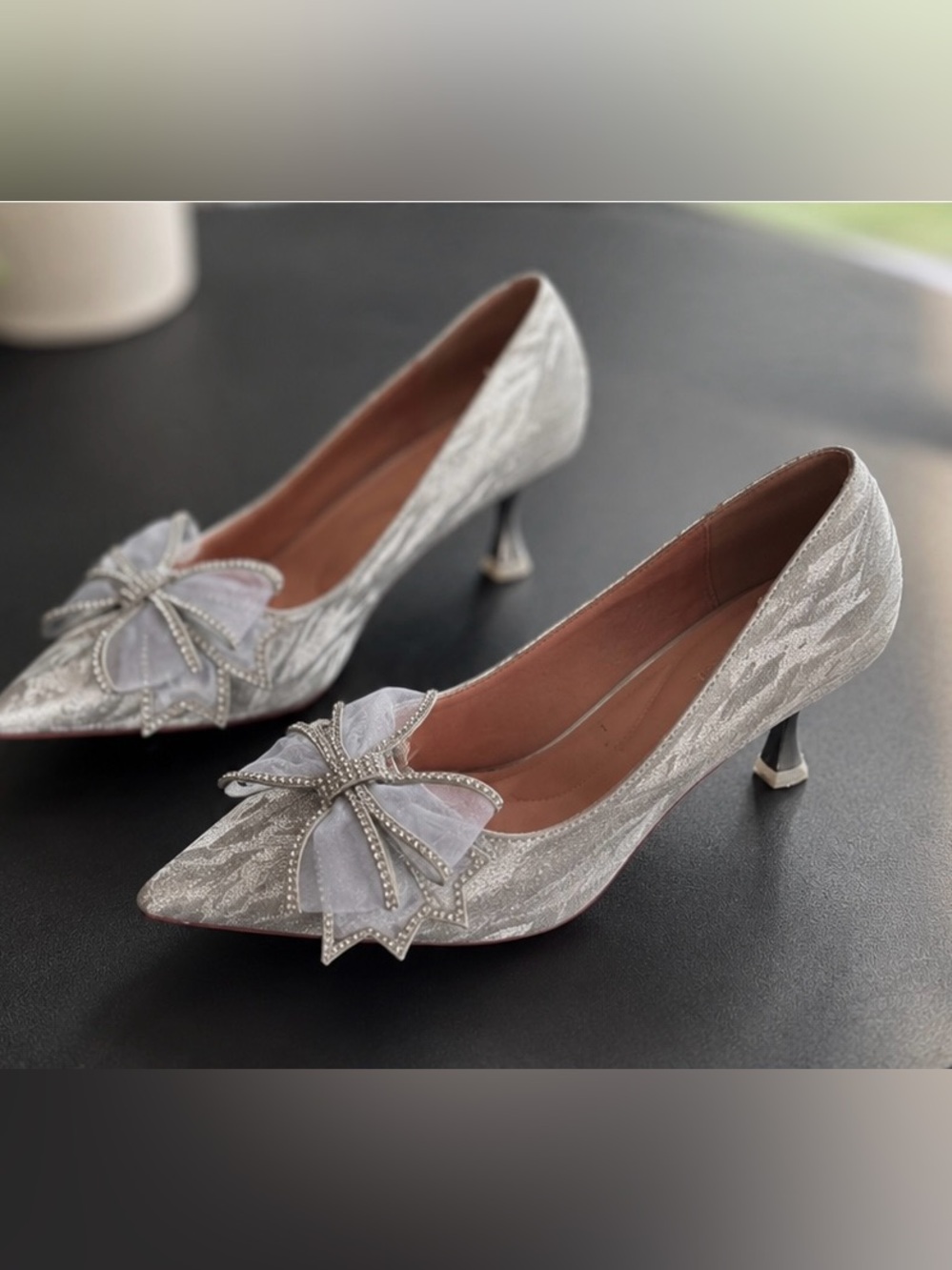 Elegant Silver Pointed-Toe Bow Flats